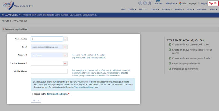 Sign up with New England 511