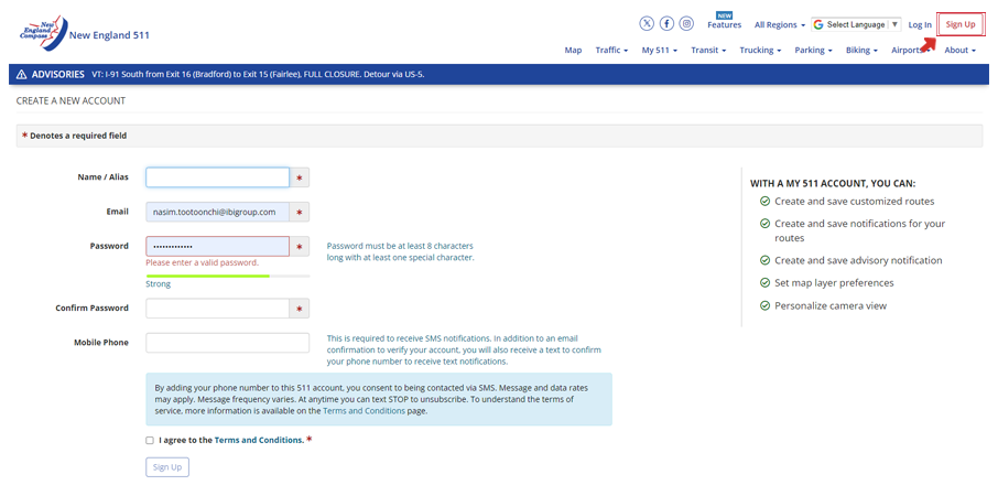 Signing up with New England 511